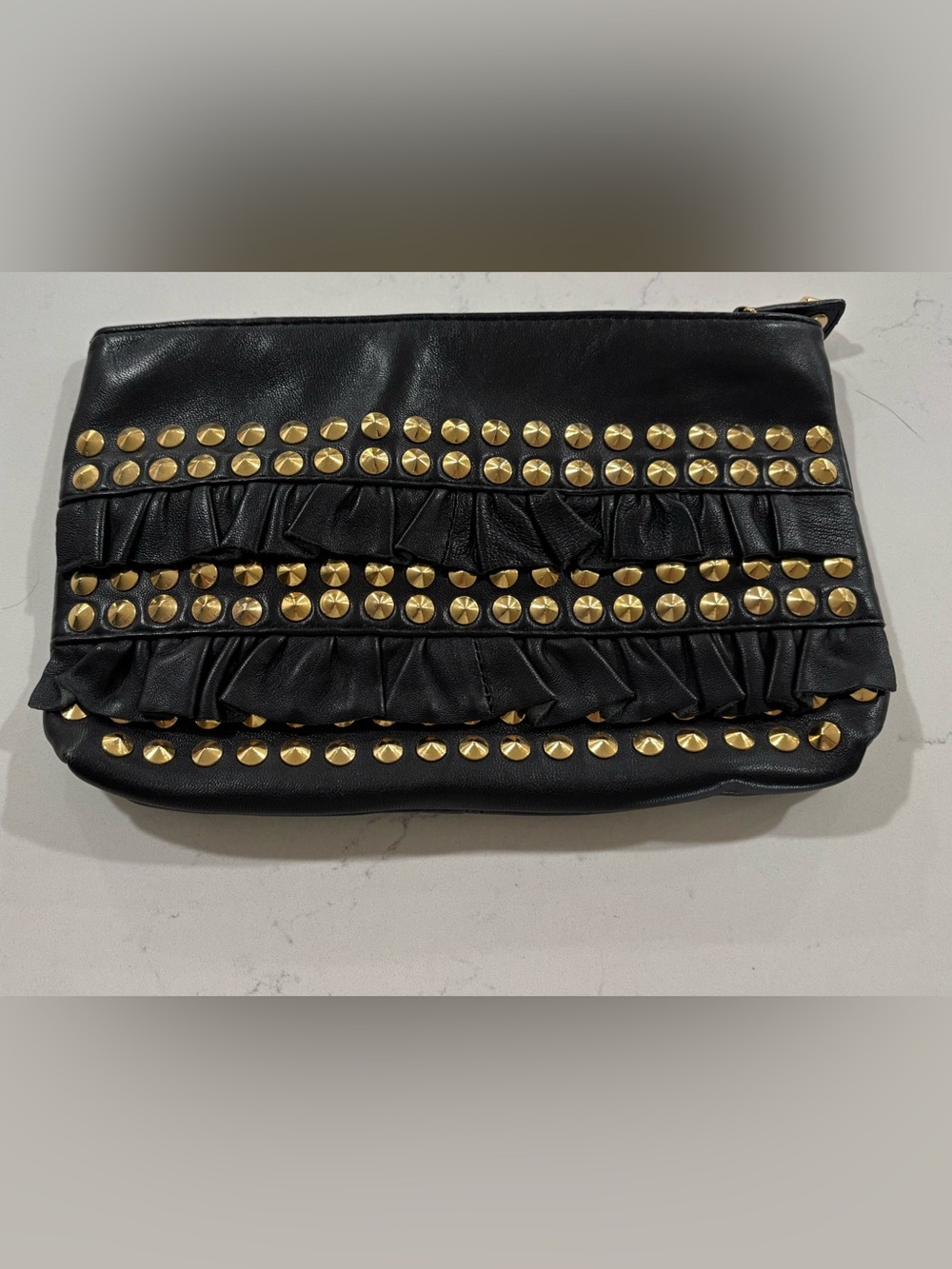 😍Betsey Johnson Leather Black Ruffled Gold Studded Clutch